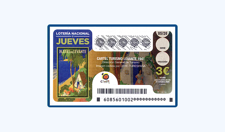 Sorteo Lotería Nacional Jueves 22 Octubre - Cartel Playas de Levante, 1941, Dirección General de Turismo