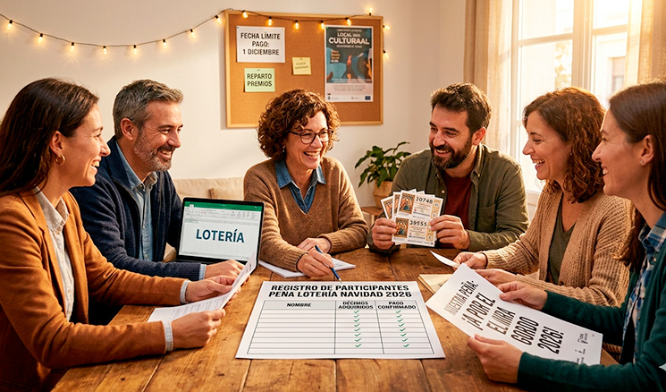 Grupo de amigos organizando peña lotería Navidad 2026